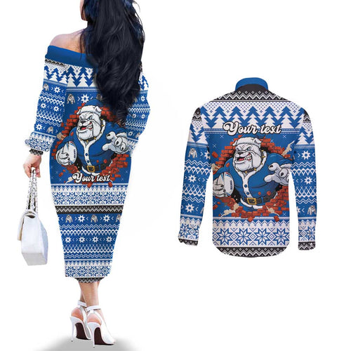 Angry Santa Bulldog Personalized Couples Matching Off The Shoulder Long Sleeve Dress and Long Sleeve Button Shirt Christmas Rugby League Spirit - Aussie Hoodie