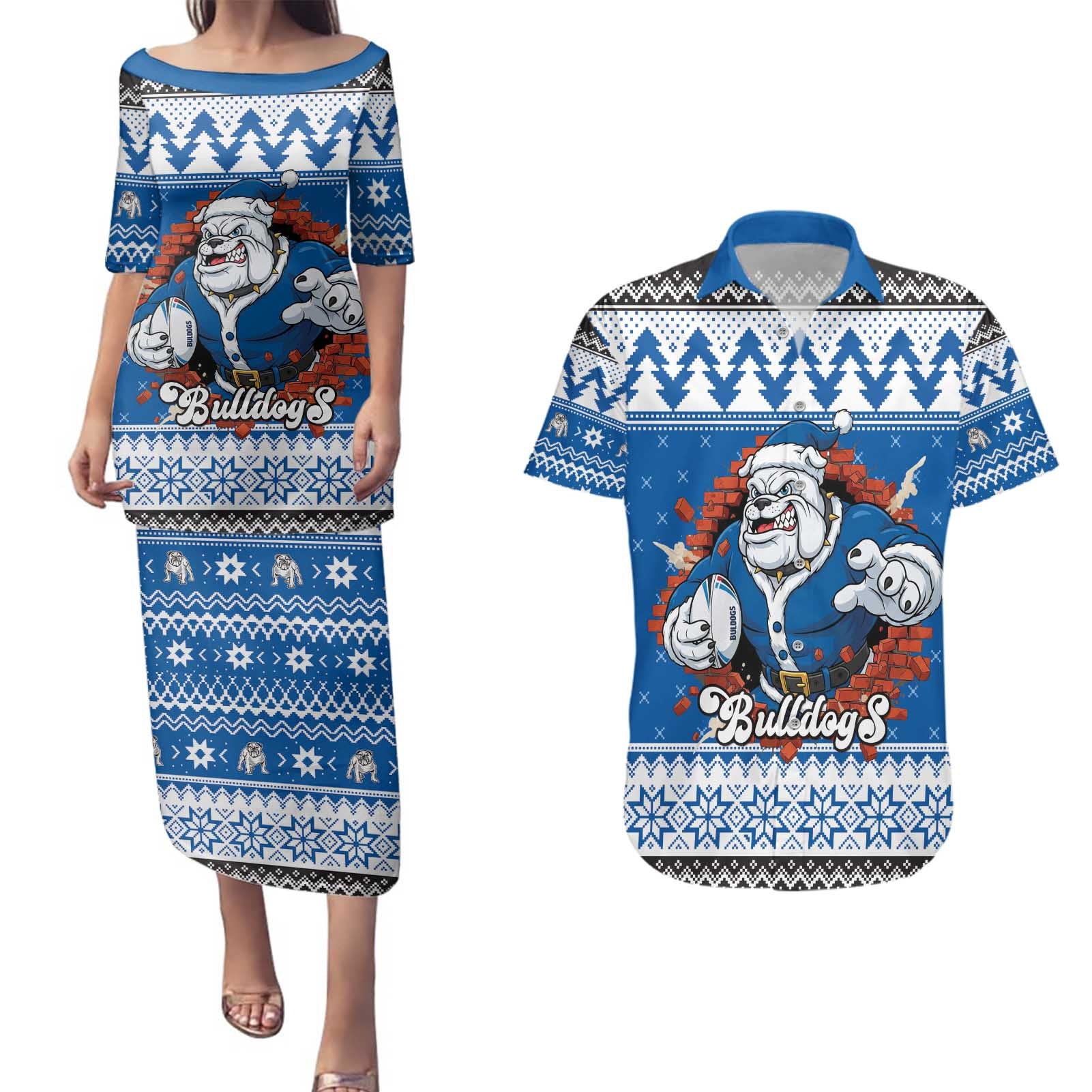 Angry Santa Bulldog Personalized Couples Matching Puletasi and Hawaiian Shirt Christmas Rugby League Spirit - Aussie Hoodie