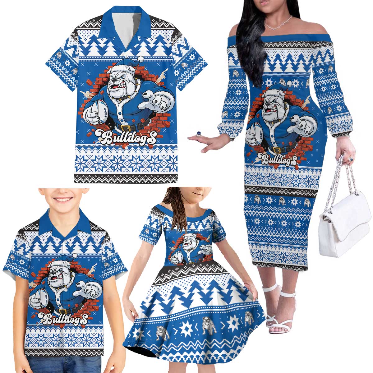 Angry Santa Bulldog Personalized Family Matching Off The Shoulder Long Sleeve Dress and Hawaiian Shirt Christmas Rugby League Spirit - Aussie Hoodie
