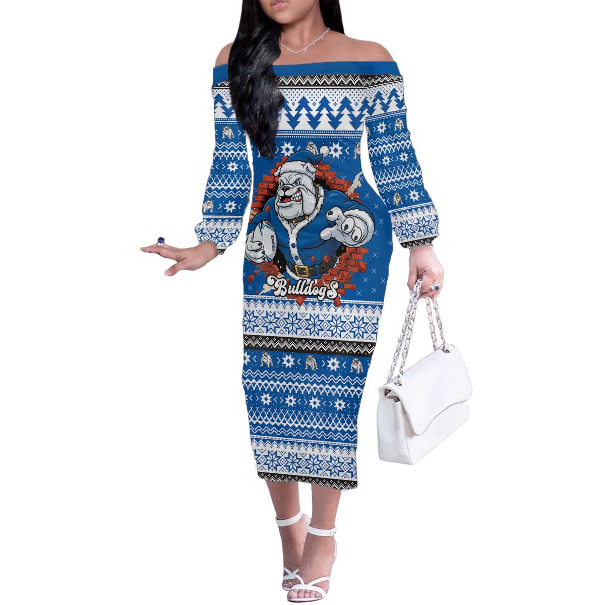 Angry Santa Bulldog Personalized Family Matching Off The Shoulder Long Sleeve Dress and Hawaiian Shirt Christmas Rugby League Spirit - Aussie Hoodie