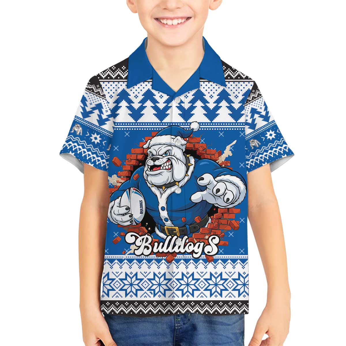Angry Santa Bulldog Personalized Family Matching Off The Shoulder Long Sleeve Dress and Hawaiian Shirt Christmas Rugby League Spirit - Aussie Hoodie