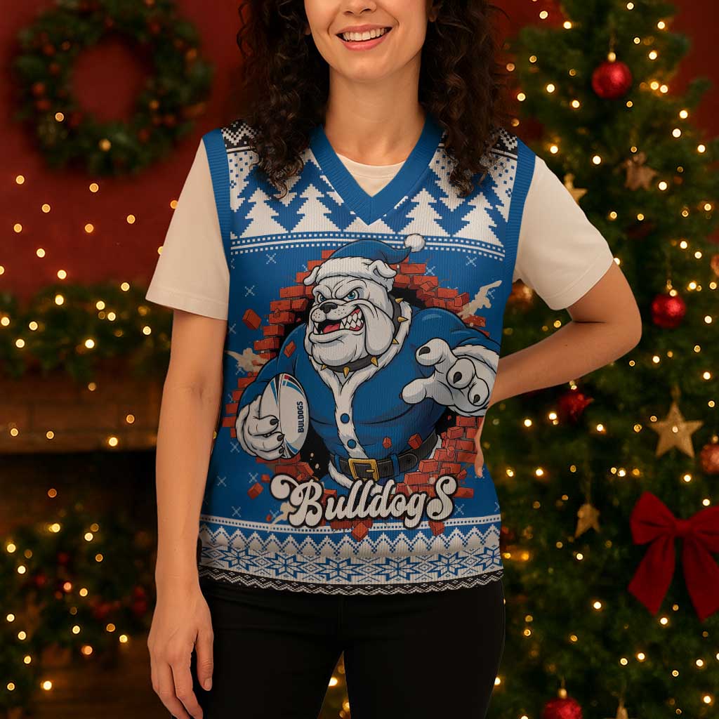Angry Santa Bulldog Personalized Christmas Knitted V-Neck Vest Christmas Rugby League Spirit - Aussie Hoodie