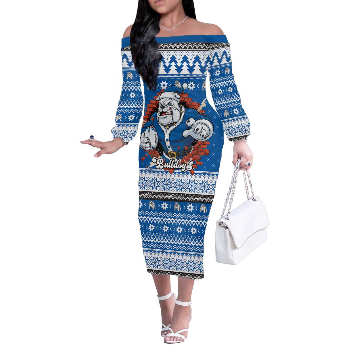 Angry Santa Bulldog Personalized Off The Shoulder Long Sleeve Dress Christmas Rugby League Spirit - Aussie Hoodie