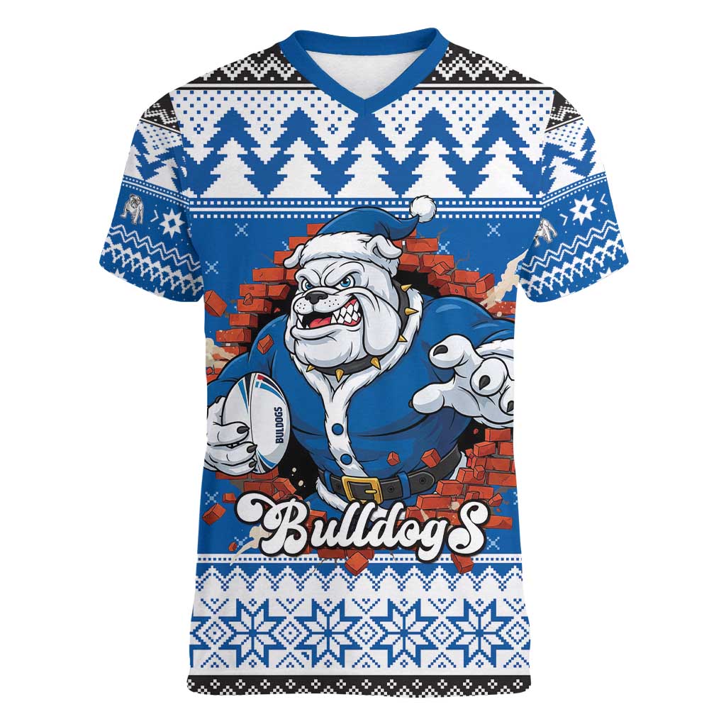 Angry Santa Bulldog Personalized Women V-Neck T-Shirt Christmas Rugby League Spirit - Aussie Hoodie