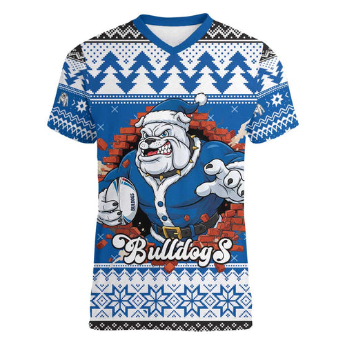 Angry Santa Bulldog Personalized Women V-Neck T-Shirt Christmas Rugby League Spirit - Aussie Hoodie
