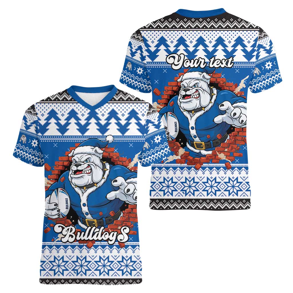 Angry Santa Bulldog Personalized Women V-Neck T-Shirt Christmas Rugby League Spirit - Aussie Hoodie