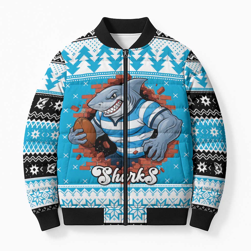 Claus Shark Strikes Personalized Bomber Puffer Jacket Christmas Rugby League Spirit - Aussie Hoodie