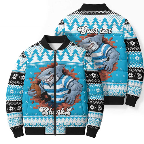 Claus Shark Strikes Personalized Bomber Puffer Jacket Christmas Rugby League Spirit - Aussie Hoodie