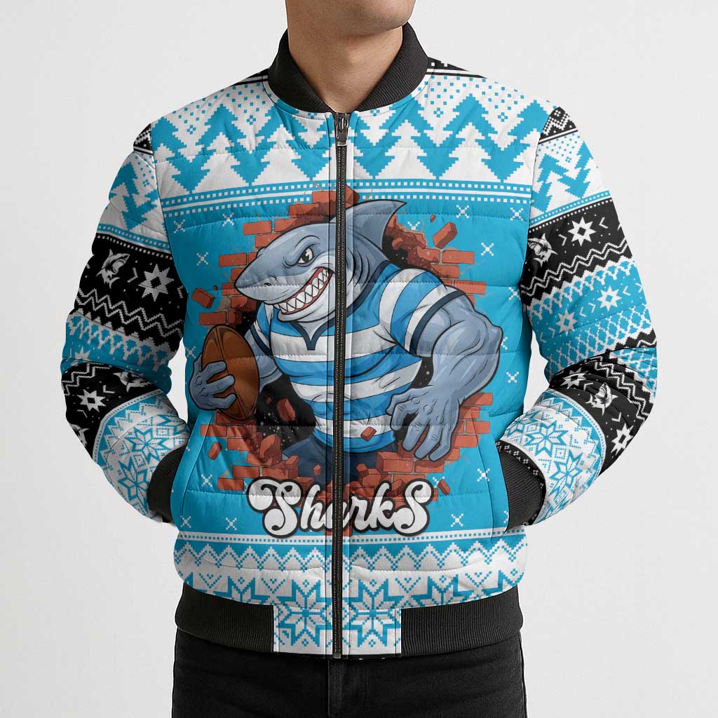 Claus Shark Strikes Personalized Bomber Puffer Jacket Christmas Rugby League Spirit - Aussie Hoodie