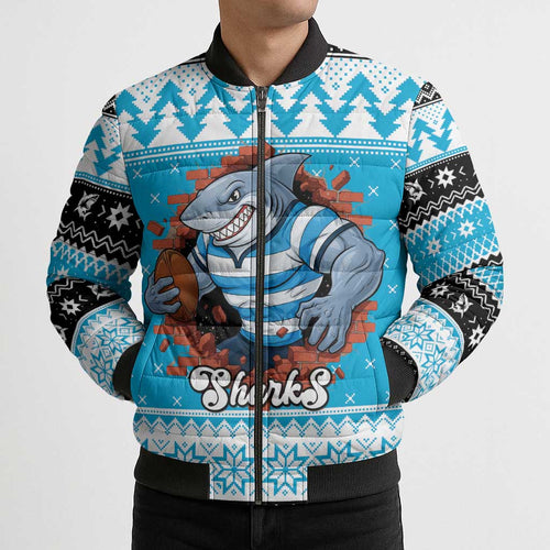 Claus Shark Strikes Personalized Bomber Puffer Jacket Christmas Rugby League Spirit - Aussie Hoodie