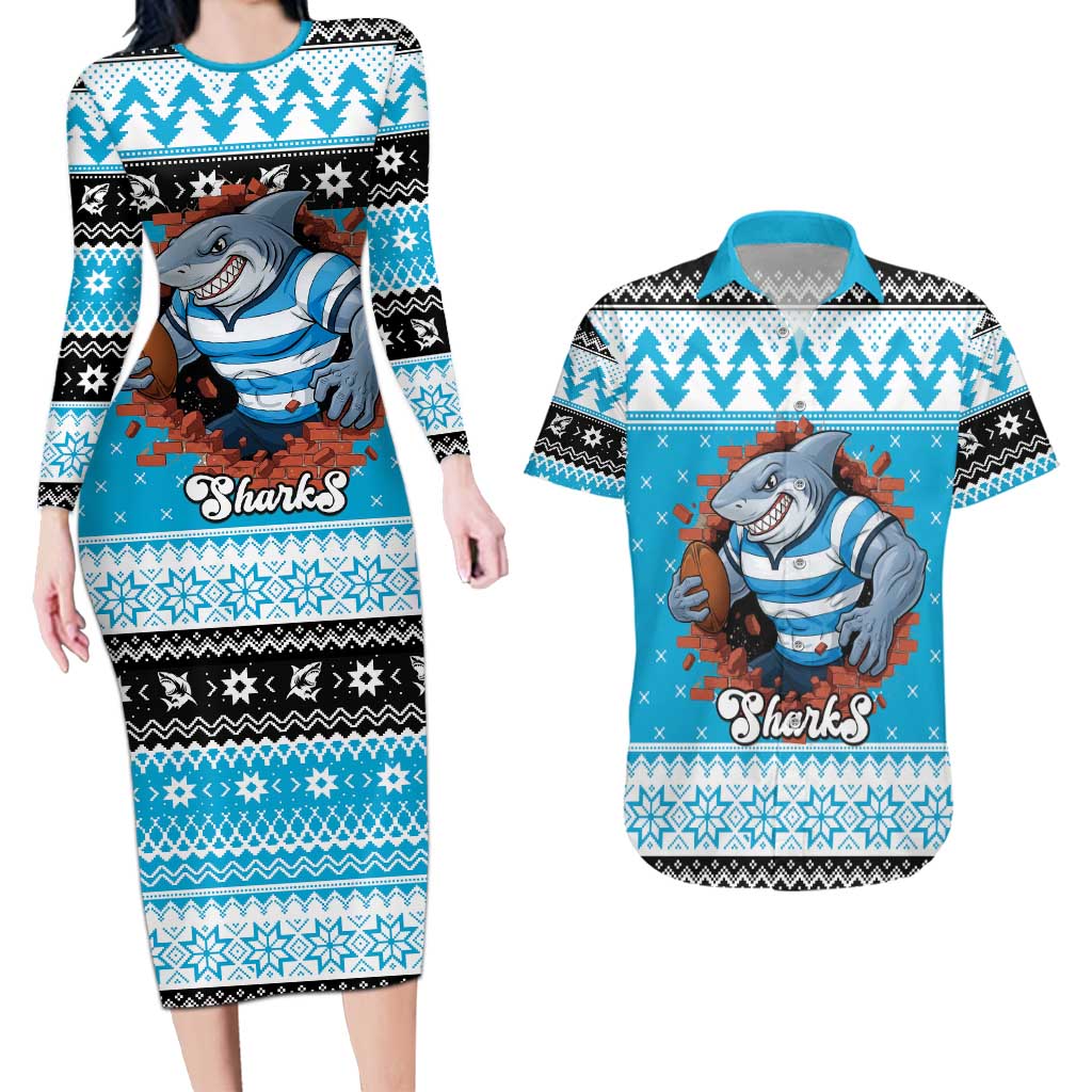 Claus Shark Strikes Personalized Couples Matching Long Sleeve Bodycon Dress and Hawaiian Shirt Christmas Rugby League Spirit - Aussie Hoodie