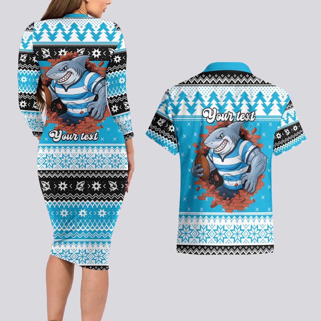 Claus Shark Strikes Personalized Couples Matching Long Sleeve Bodycon Dress and Hawaiian Shirt Christmas Rugby League Spirit - Aussie Hoodie
