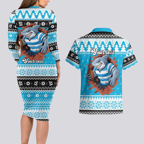 Claus Shark Strikes Personalized Couples Matching Long Sleeve Bodycon Dress and Hawaiian Shirt Christmas Rugby League Spirit - Aussie Hoodie
