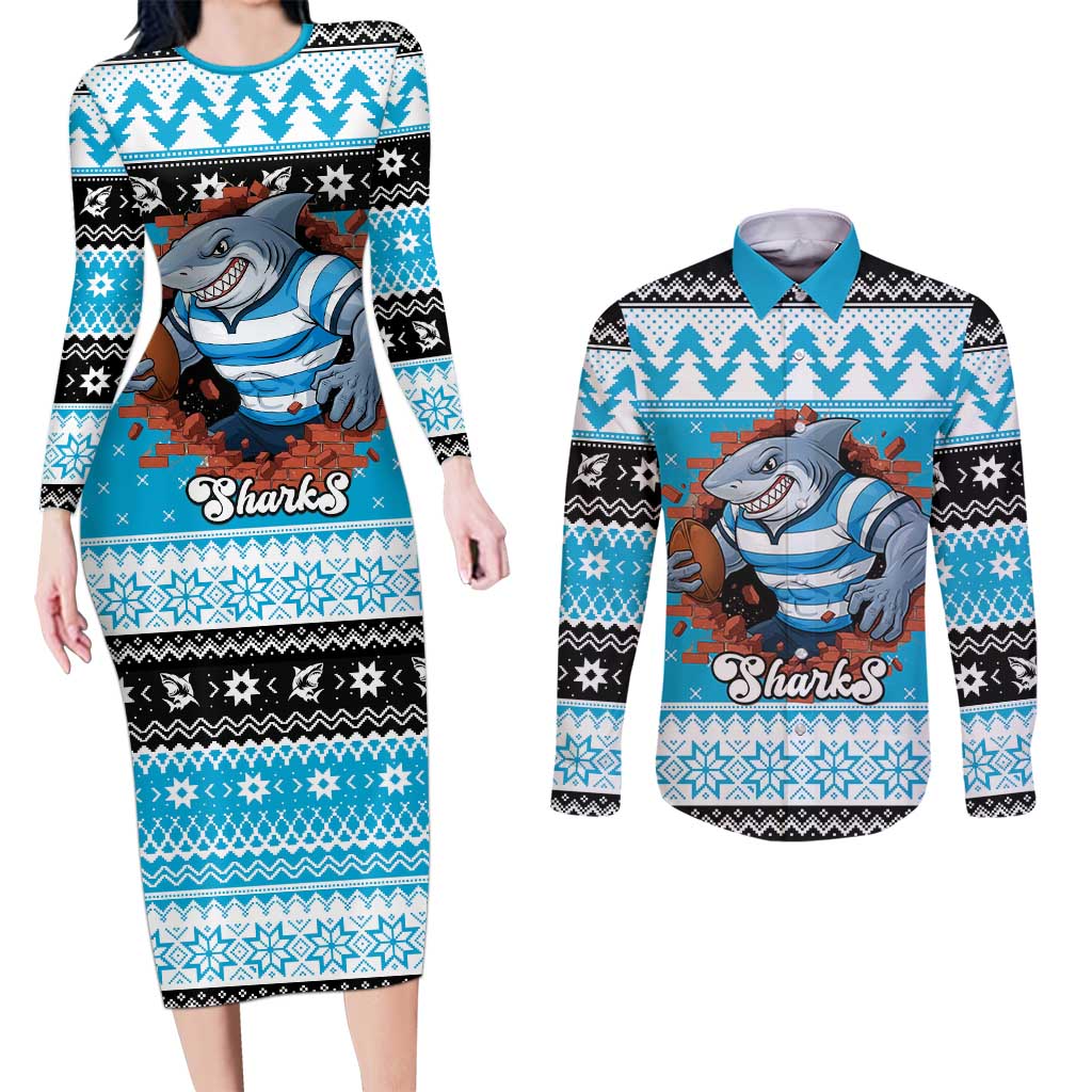 Claus Shark Strikes Personalized Couples Matching Long Sleeve Bodycon Dress and Long Sleeve Button Shirt Christmas Rugby League Spirit - Aussie Hoodie