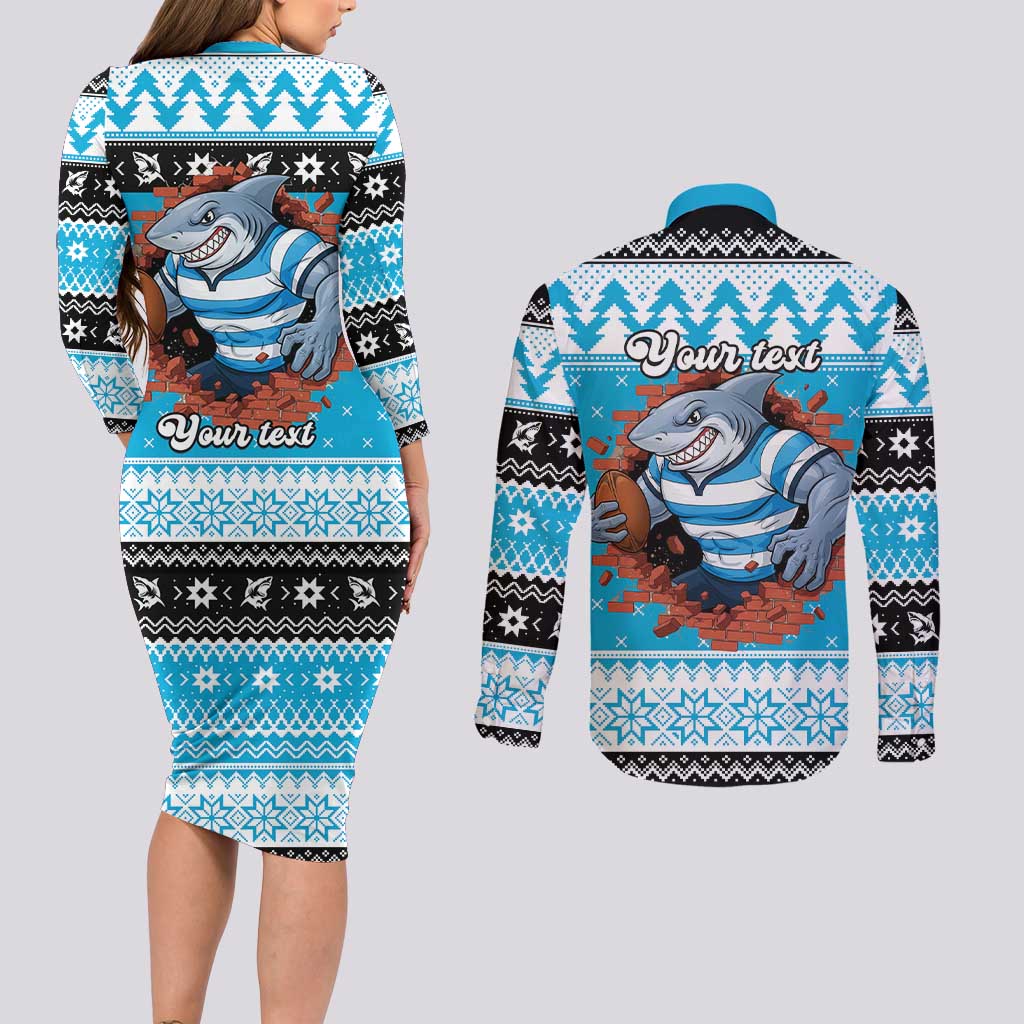 Claus Shark Strikes Personalized Couples Matching Long Sleeve Bodycon Dress and Long Sleeve Button Shirt Christmas Rugby League Spirit - Aussie Hoodie