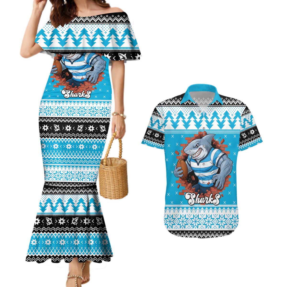 Claus Shark Strikes Personalized Couples Matching Mermaid Dress and Hawaiian Shirt Christmas Rugby League Spirit - Aussie Hoodie