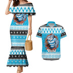 Claus Shark Strikes Personalized Couples Matching Mermaid Dress and Hawaiian Shirt Christmas Rugby League Spirit - Aussie Hoodie