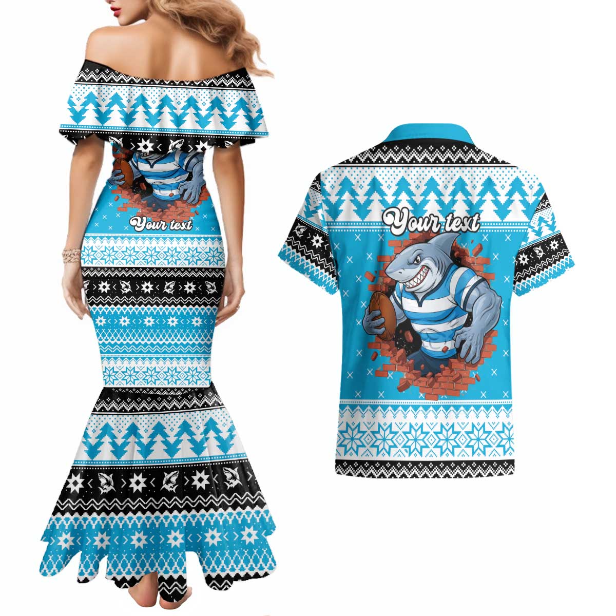 Claus Shark Strikes Personalized Couples Matching Mermaid Dress and Hawaiian Shirt Christmas Rugby League Spirit - Aussie Hoodie