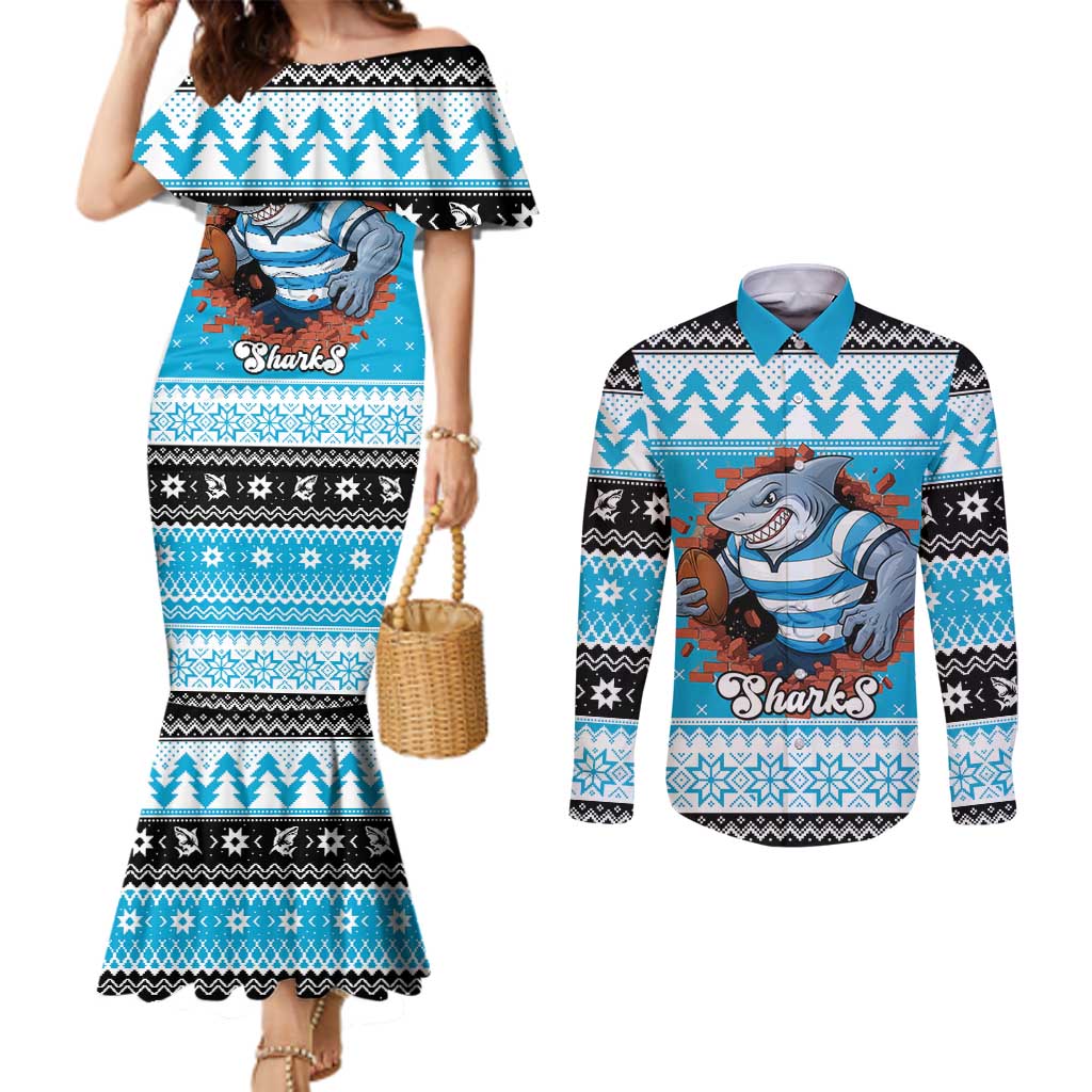 Claus Shark Strikes Personalized Couples Matching Mermaid Dress and Long Sleeve Button Shirt Christmas Rugby League Spirit - Aussie Hoodie