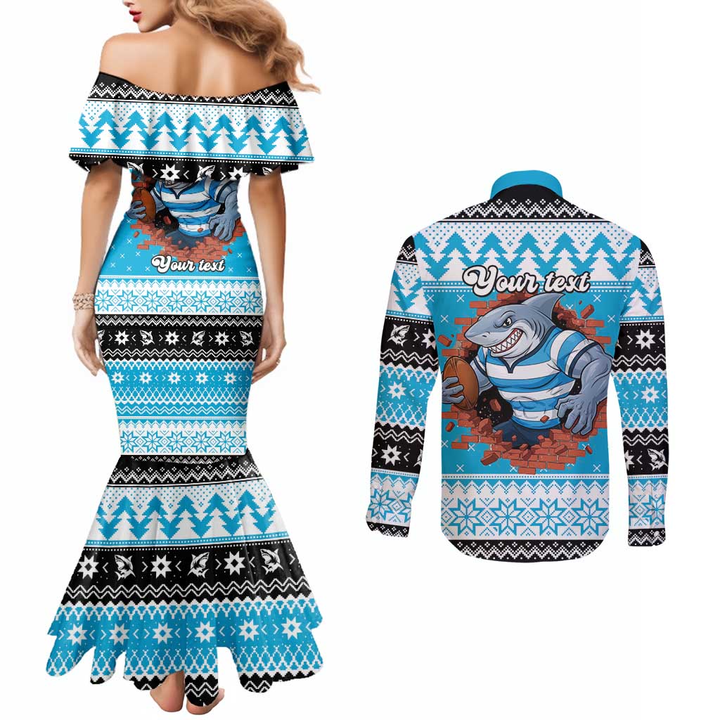 Claus Shark Strikes Personalized Couples Matching Mermaid Dress and Long Sleeve Button Shirt Christmas Rugby League Spirit - Aussie Hoodie
