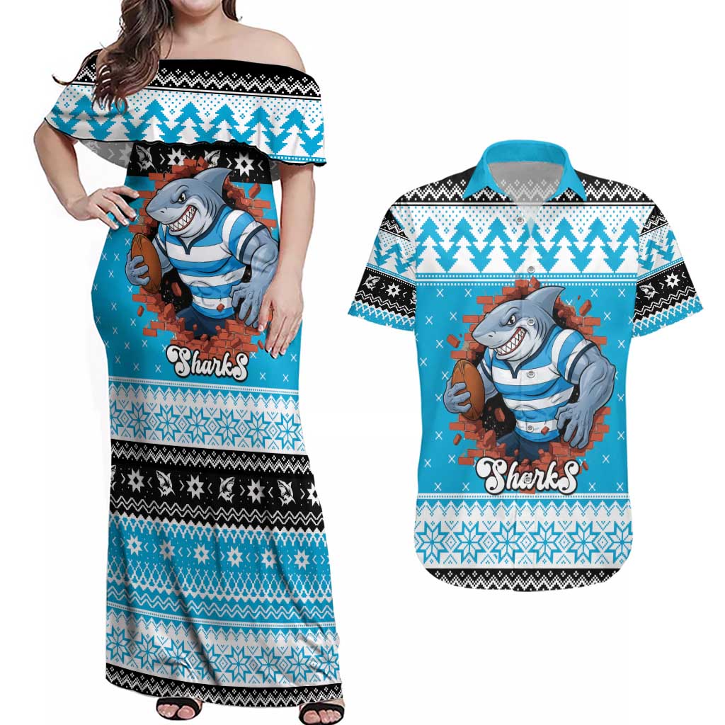 Claus Shark Strikes Personalized Couples Matching Off Shoulder Maxi Dress and Hawaiian Shirt Christmas Rugby League Spirit - Aussie Hoodie