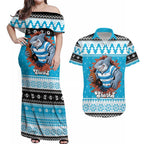 Claus Shark Strikes Personalized Couples Matching Off Shoulder Maxi Dress and Hawaiian Shirt Christmas Rugby League Spirit - Aussie Hoodie