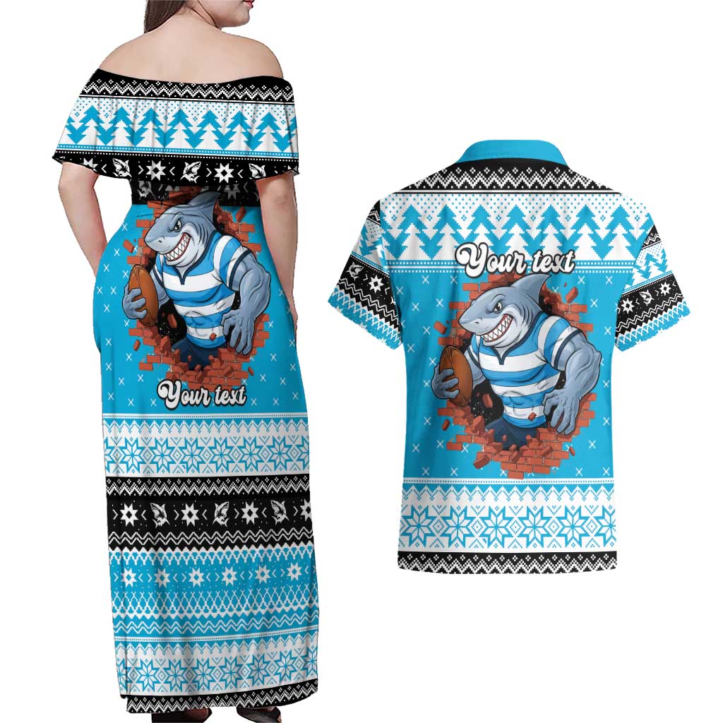 Claus Shark Strikes Personalized Couples Matching Off Shoulder Maxi Dress and Hawaiian Shirt Christmas Rugby League Spirit - Aussie Hoodie