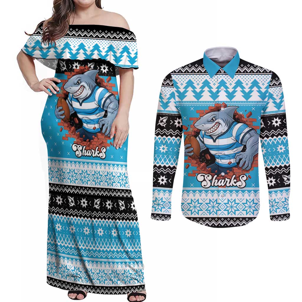 Claus Shark Strikes Personalized Couples Matching Off Shoulder Maxi Dress and Long Sleeve Button Shirt Christmas Rugby League Spirit - Aussie Hoodie