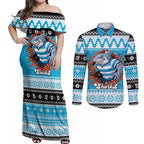 Claus Shark Strikes Personalized Couples Matching Off Shoulder Maxi Dress and Long Sleeve Button Shirt Christmas Rugby League Spirit - Aussie Hoodie