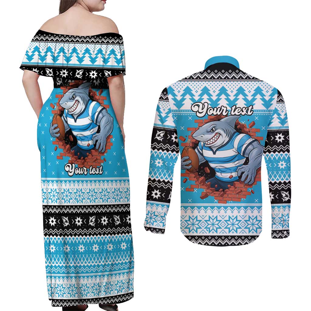 Claus Shark Strikes Personalized Couples Matching Off Shoulder Maxi Dress and Long Sleeve Button Shirt Christmas Rugby League Spirit - Aussie Hoodie
