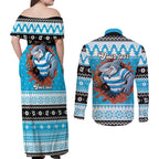 Claus Shark Strikes Personalized Couples Matching Off Shoulder Maxi Dress and Long Sleeve Button Shirt Christmas Rugby League Spirit - Aussie Hoodie