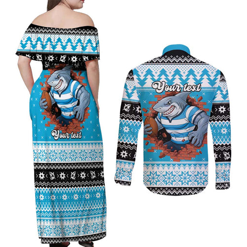 Claus Shark Strikes Personalized Couples Matching Off Shoulder Maxi Dress and Long Sleeve Button Shirt Christmas Rugby League Spirit - Aussie Hoodie