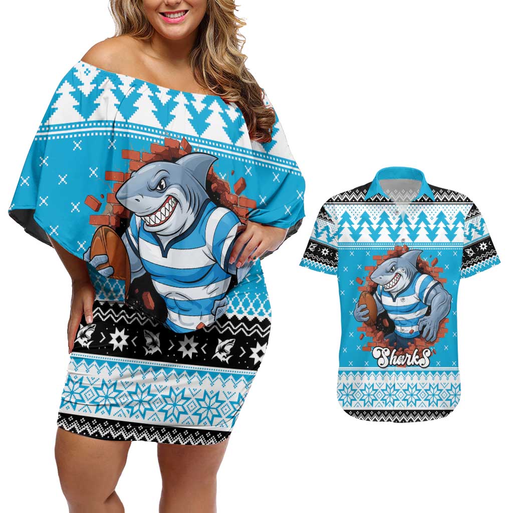 Claus Shark Strikes Personalized Couples Matching Off Shoulder Short Dress and Hawaiian Shirt Christmas Rugby League Spirit - Aussie Hoodie