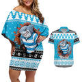 Claus Shark Strikes Personalized Couples Matching Off Shoulder Short Dress and Hawaiian Shirt Christmas Rugby League Spirit - Aussie Hoodie