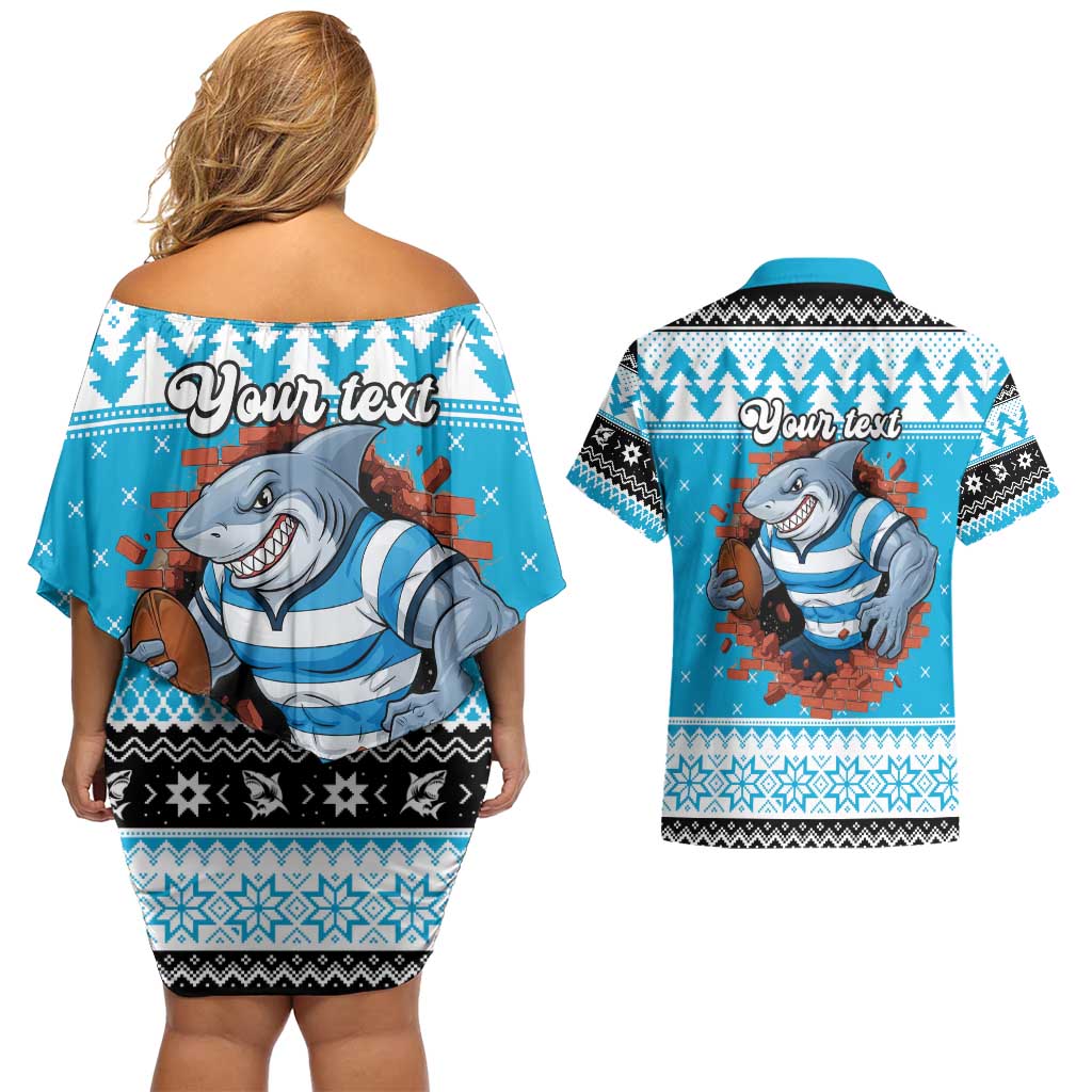 Claus Shark Strikes Personalized Couples Matching Off Shoulder Short Dress and Hawaiian Shirt Christmas Rugby League Spirit - Aussie Hoodie