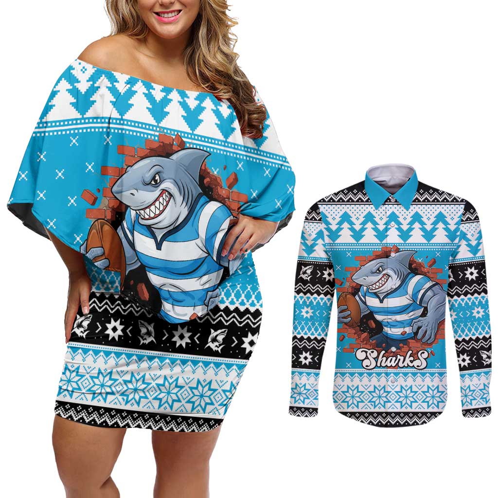 Claus Shark Strikes Personalized Couples Matching Off Shoulder Short Dress and Long Sleeve Button Shirt Christmas Rugby League Spirit - Aussie Hoodie