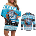 Claus Shark Strikes Personalized Couples Matching Off Shoulder Short Dress and Long Sleeve Button Shirt Christmas Rugby League Spirit - Aussie Hoodie