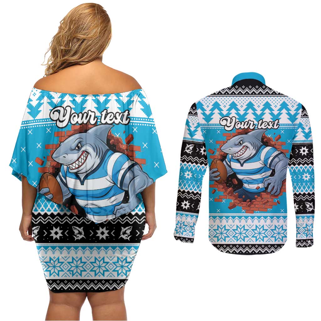 Claus Shark Strikes Personalized Couples Matching Off Shoulder Short Dress and Long Sleeve Button Shirt Christmas Rugby League Spirit - Aussie Hoodie
