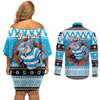 Claus Shark Strikes Personalized Couples Matching Off Shoulder Short Dress and Long Sleeve Button Shirt Christmas Rugby League Spirit - Aussie Hoodie