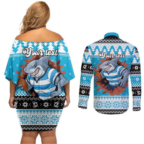Claus Shark Strikes Personalized Couples Matching Off Shoulder Short Dress and Long Sleeve Button Shirt Christmas Rugby League Spirit - Aussie Hoodie