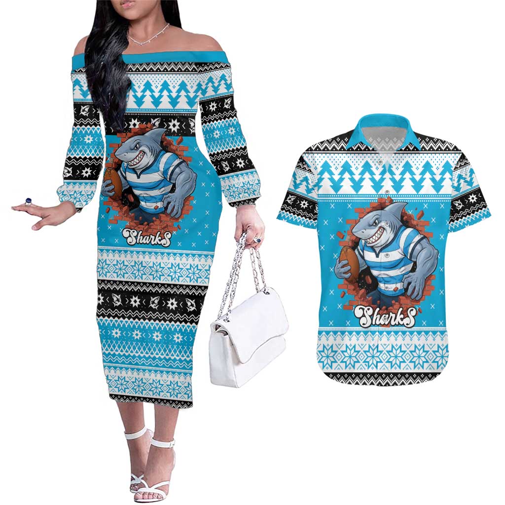 Claus Shark Strikes Personalized Couples Matching Off The Shoulder Long Sleeve Dress and Hawaiian Shirt Christmas Rugby League Spirit - Aussie Hoodie