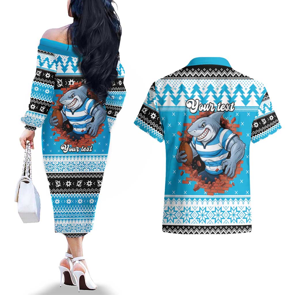 Claus Shark Strikes Personalized Couples Matching Off The Shoulder Long Sleeve Dress and Hawaiian Shirt Christmas Rugby League Spirit - Aussie Hoodie