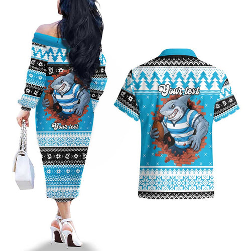 Claus Shark Strikes Personalized Couples Matching Off The Shoulder Long Sleeve Dress and Hawaiian Shirt Christmas Rugby League Spirit - Aussie Hoodie