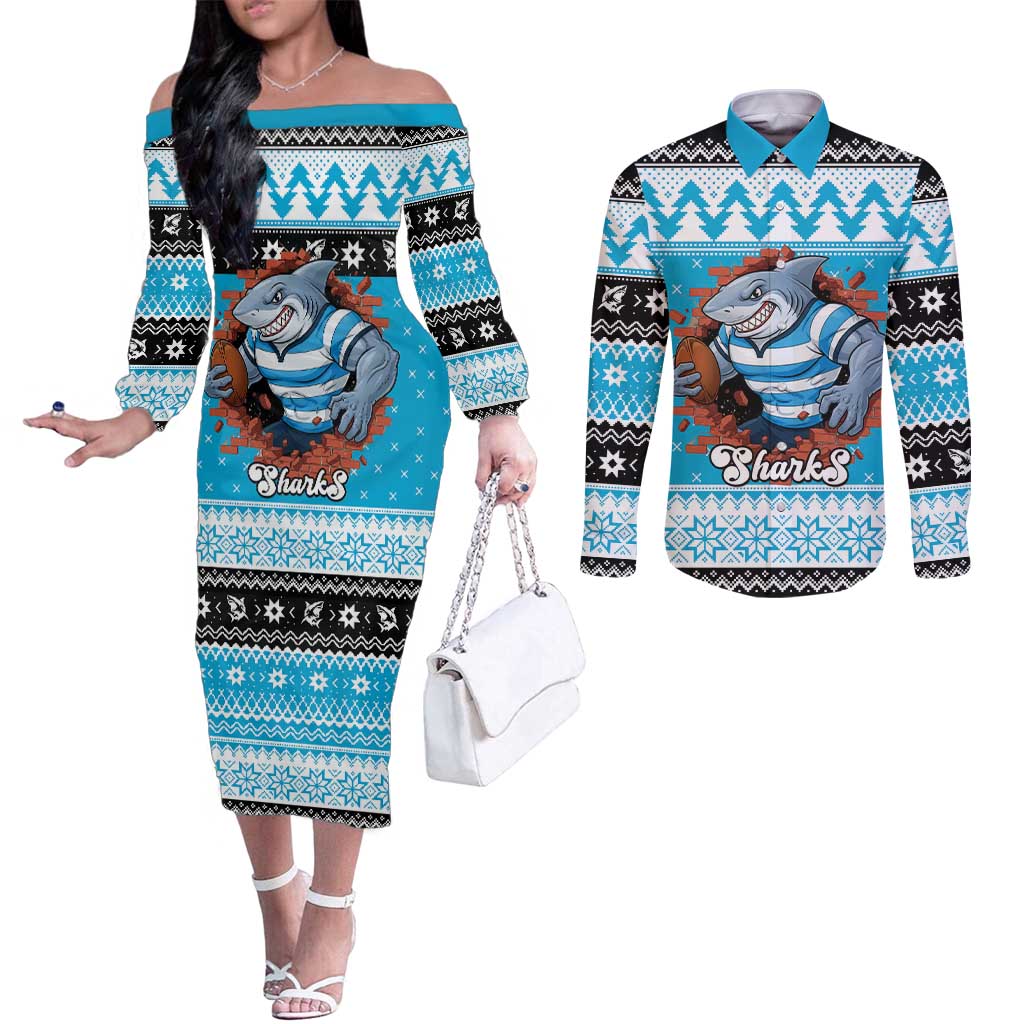 Claus Shark Strikes Personalized Couples Matching Off The Shoulder Long Sleeve Dress and Long Sleeve Button Shirt Christmas Rugby League Spirit - Aussie Hoodie