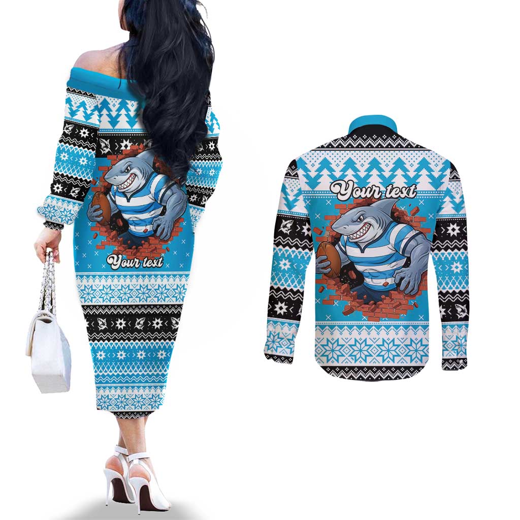 Claus Shark Strikes Personalized Couples Matching Off The Shoulder Long Sleeve Dress and Long Sleeve Button Shirt Christmas Rugby League Spirit - Aussie Hoodie