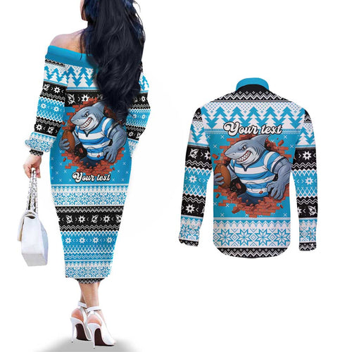 Claus Shark Strikes Personalized Couples Matching Off The Shoulder Long Sleeve Dress and Long Sleeve Button Shirt Christmas Rugby League Spirit - Aussie Hoodie