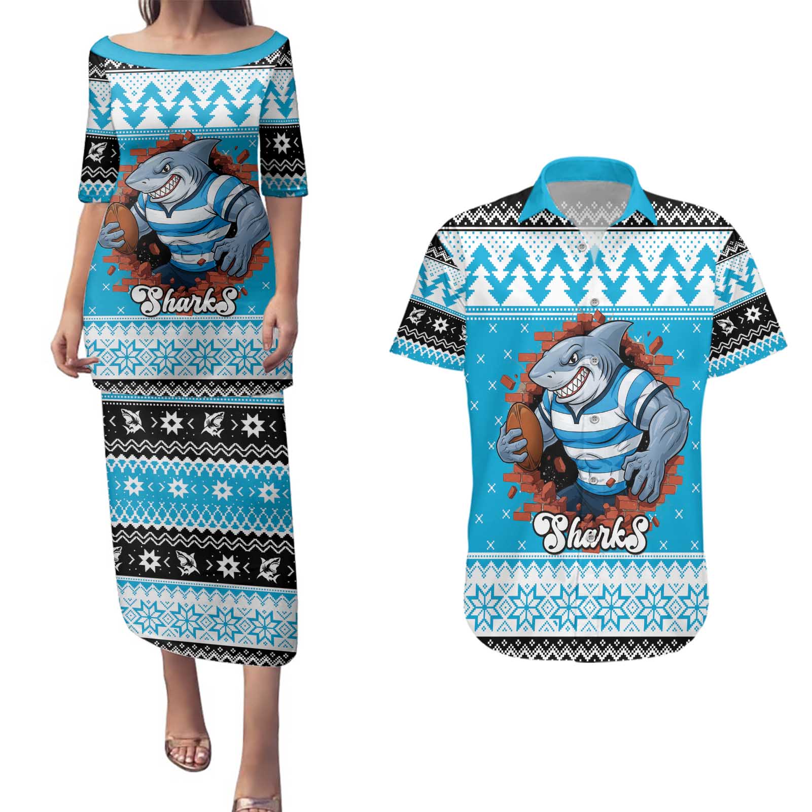 Claus Shark Strikes Personalized Couples Matching Puletasi and Hawaiian Shirt Christmas Rugby League Spirit - Aussie Hoodie