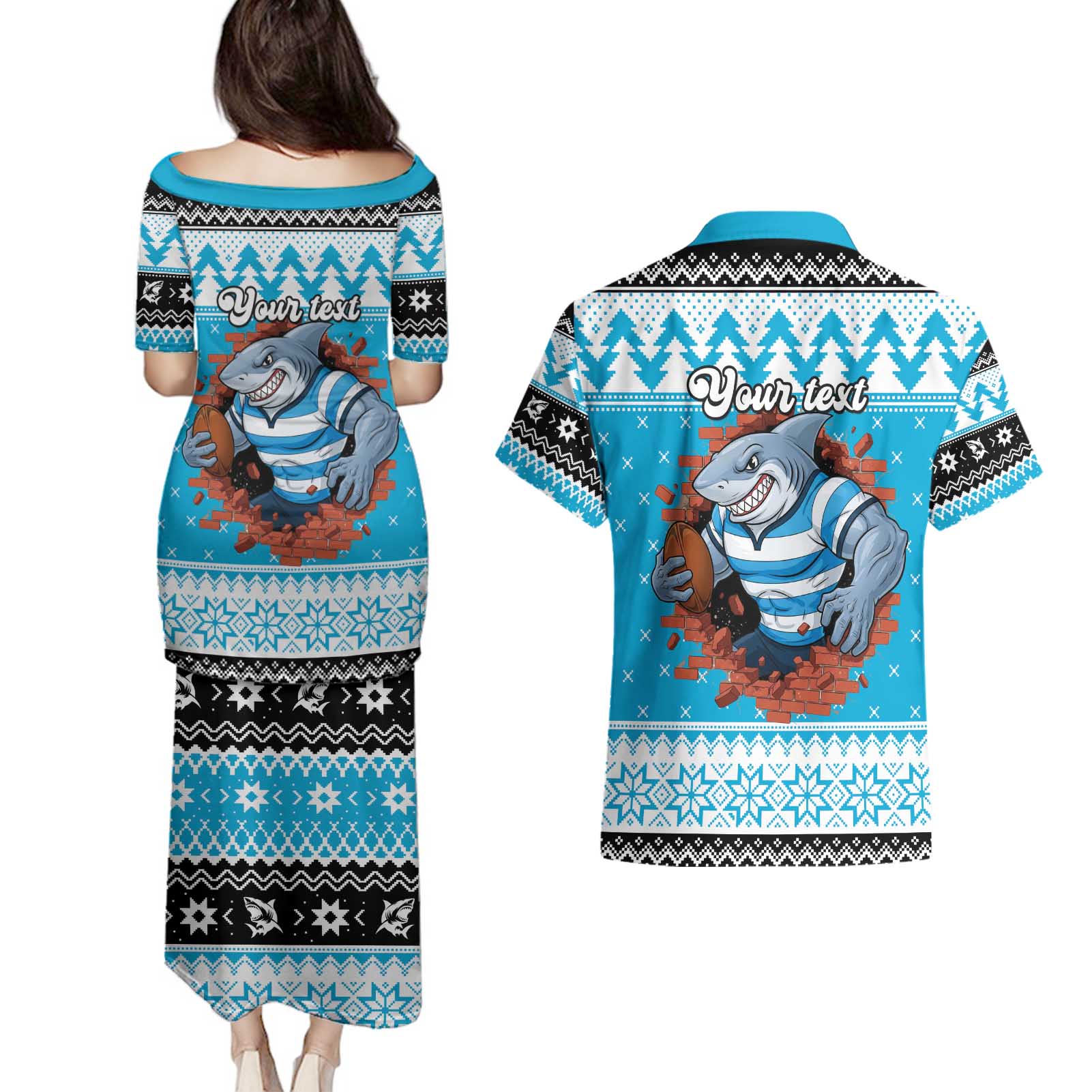 Claus Shark Strikes Personalized Couples Matching Puletasi and Hawaiian Shirt Christmas Rugby League Spirit - Aussie Hoodie