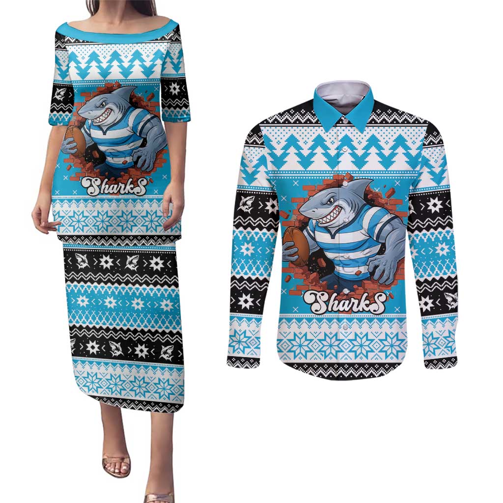 Claus Shark Strikes Personalized Couples Matching Puletasi and Long Sleeve Button Shirt Christmas Rugby League Spirit - Aussie Hoodie