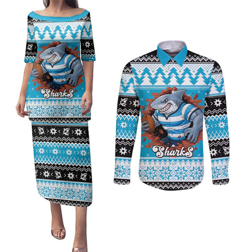 Claus Shark Strikes Personalized Couples Matching Puletasi and Long Sleeve Button Shirt Christmas Rugby League Spirit - Aussie Hoodie